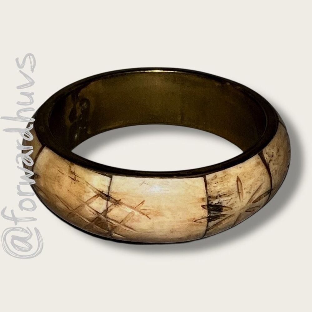 Brass and Carved Bone Bangle Bracelet
